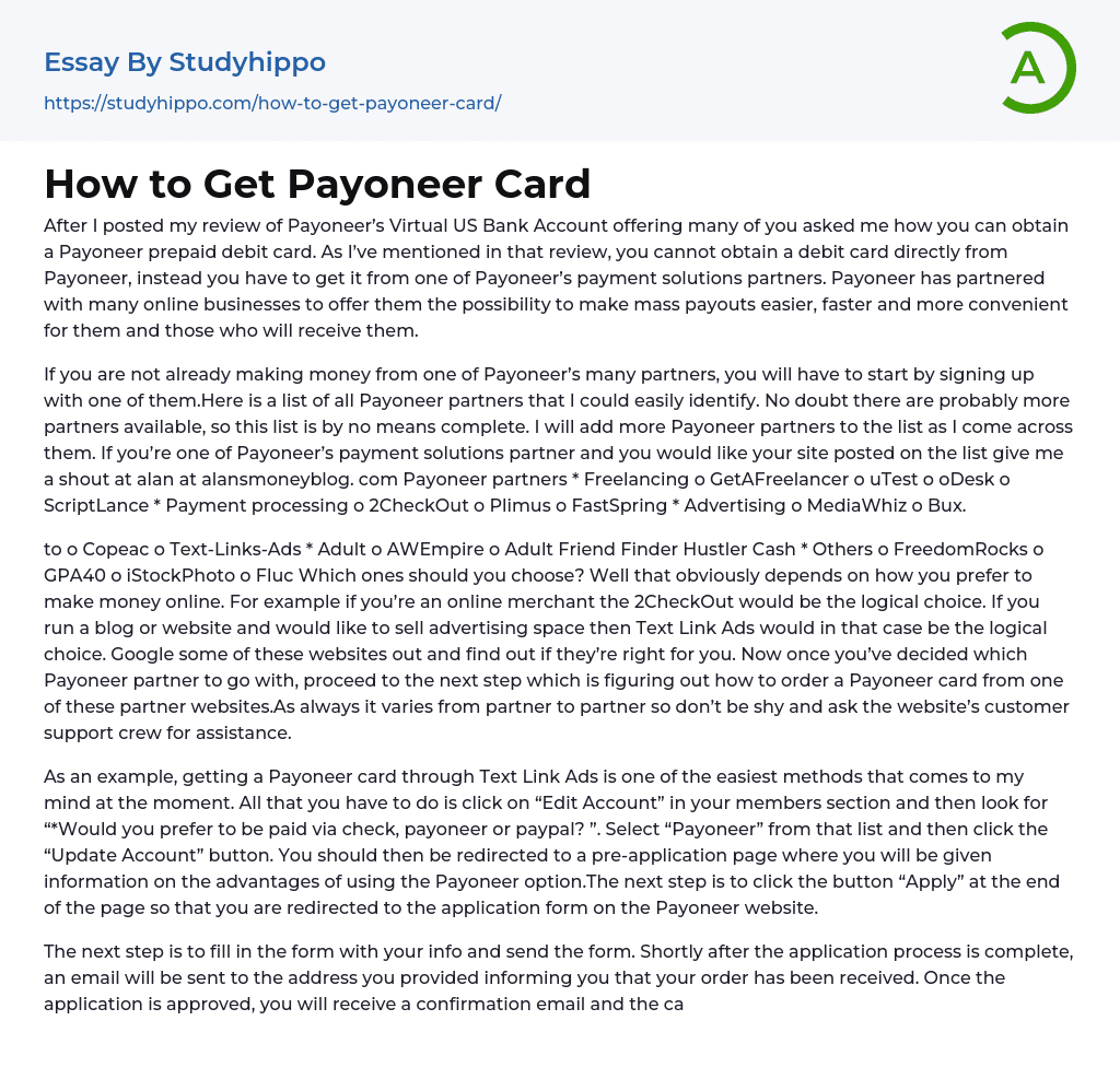 How to Get Payoneer Card Essay Example