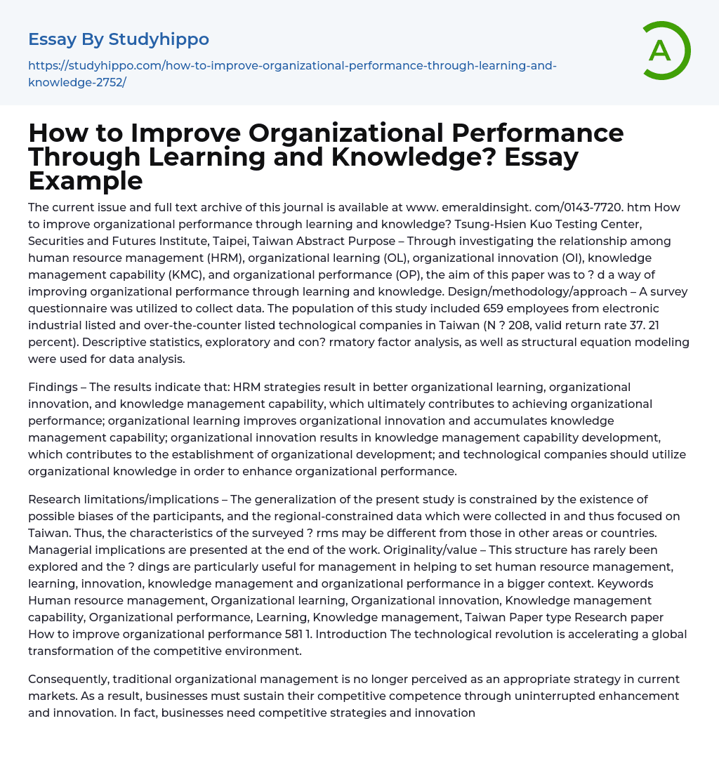 How to Improve Organizational Performance Through Learning and Knowledge? Essay Example