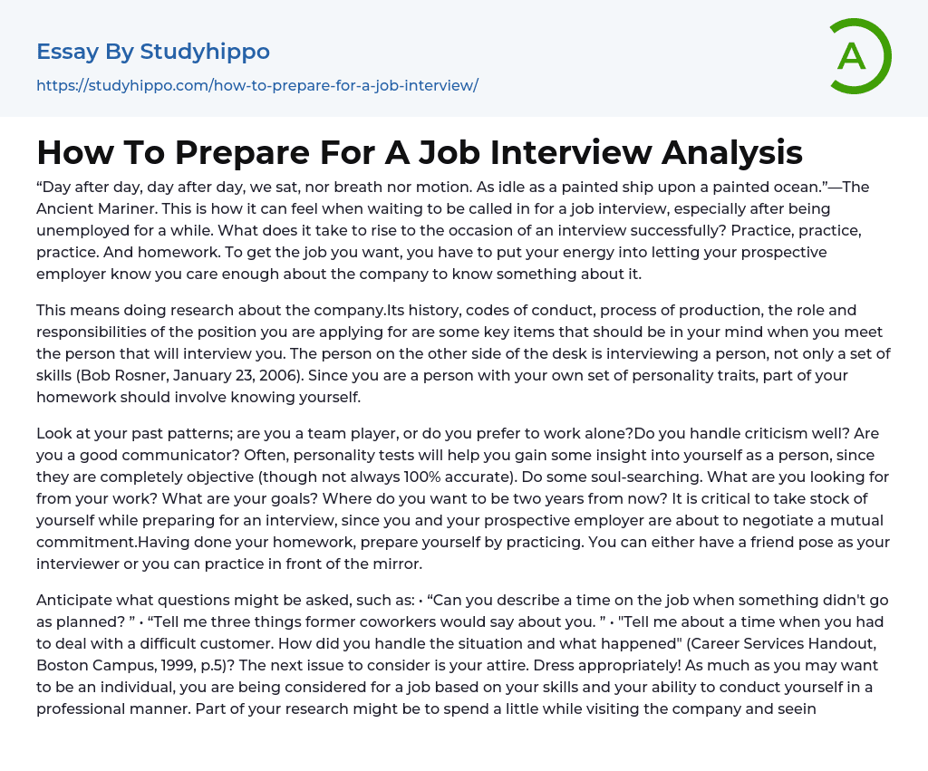 How To Prepare For A Job Interview Analysis Essay Example