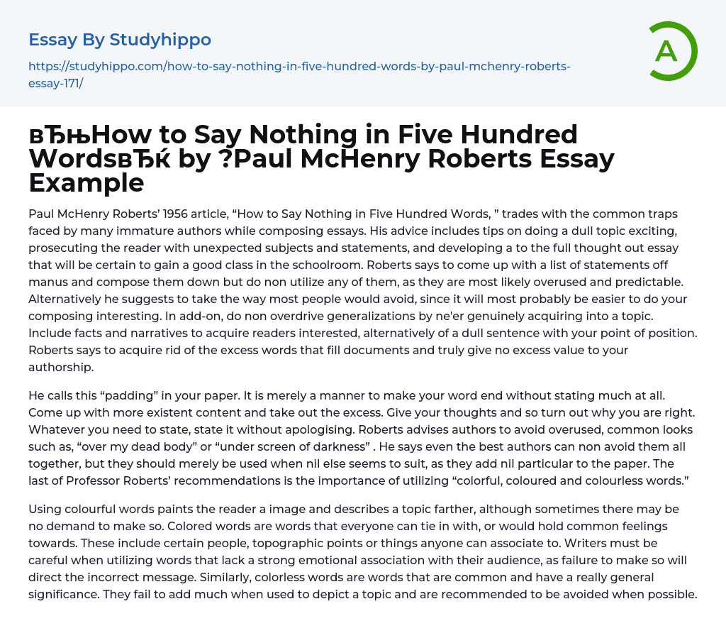“How to Say Nothing in Five Hundred Words” by ?Paul McHenry Roberts Essay Example
