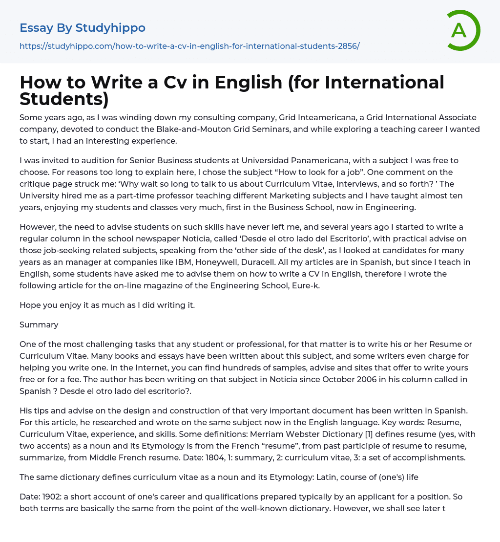 How to Write a Cv in English (for International Students) Essay Example