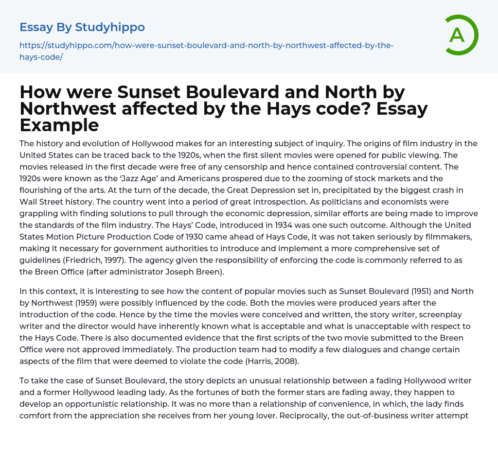 How were Sunset Boulevard and North by Northwest affected by the Hays code? Essay Example