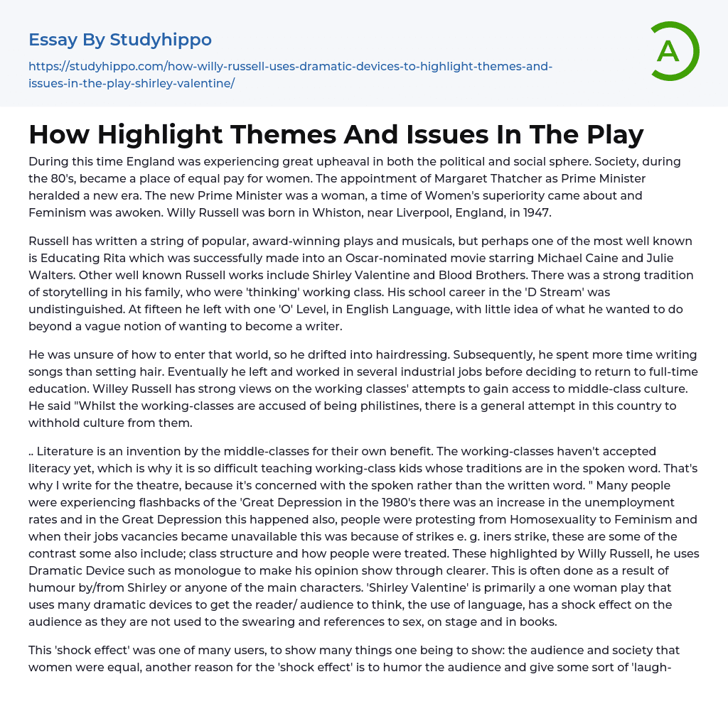 How Highlight Themes And Issues In The Play Essay Example