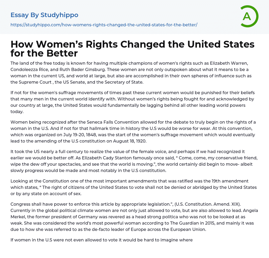 How Women’s Rights Changed the United States for the Better Essay Example