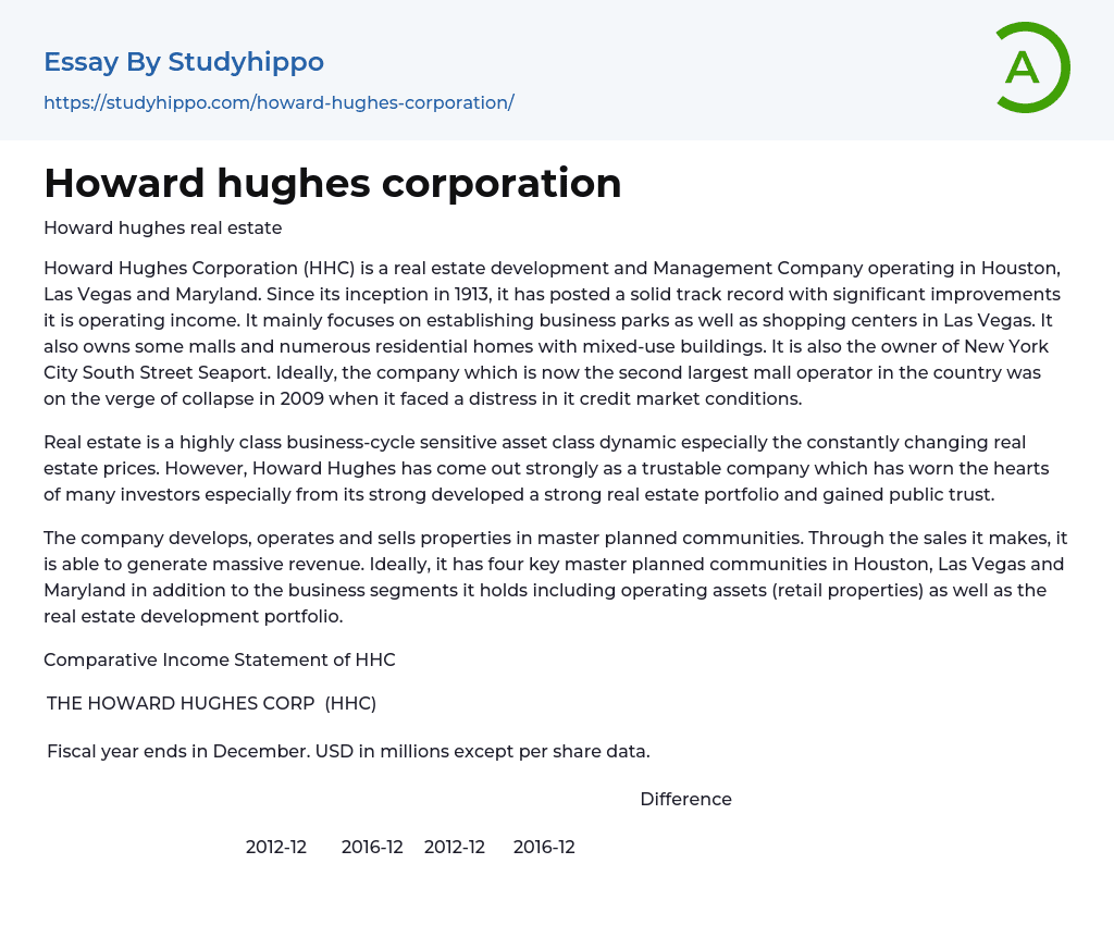 Howard hughes corporation Essay Example
