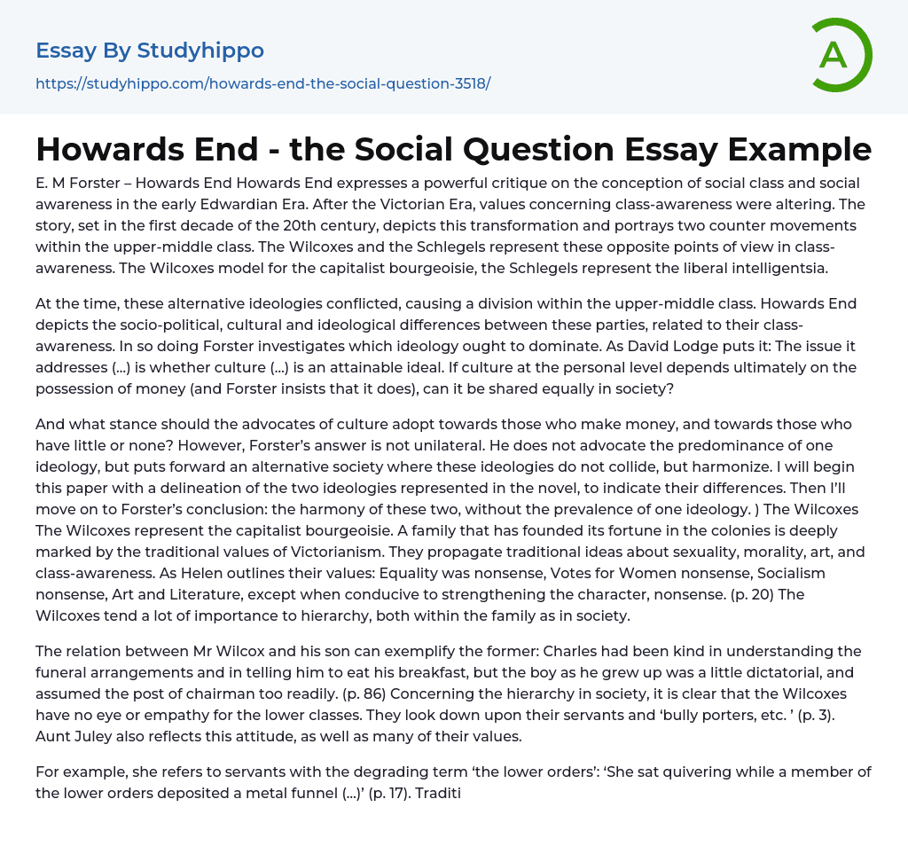 Howards End – the Social Question Essay Example