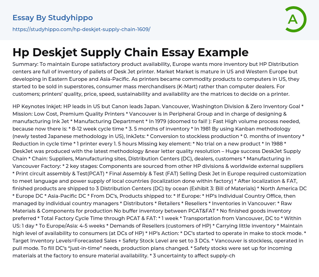 Hp Deskjet Supply Chain Essay Example
