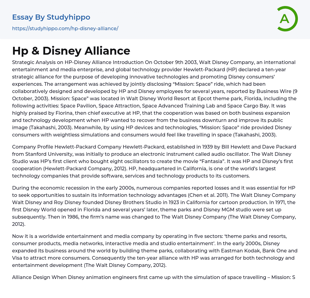 Strategic Analysis on HP-Disney Alliance Essay Example