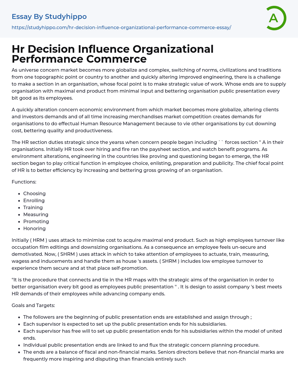Hr Decision Influence Organizational Performance Commerce Essay Example