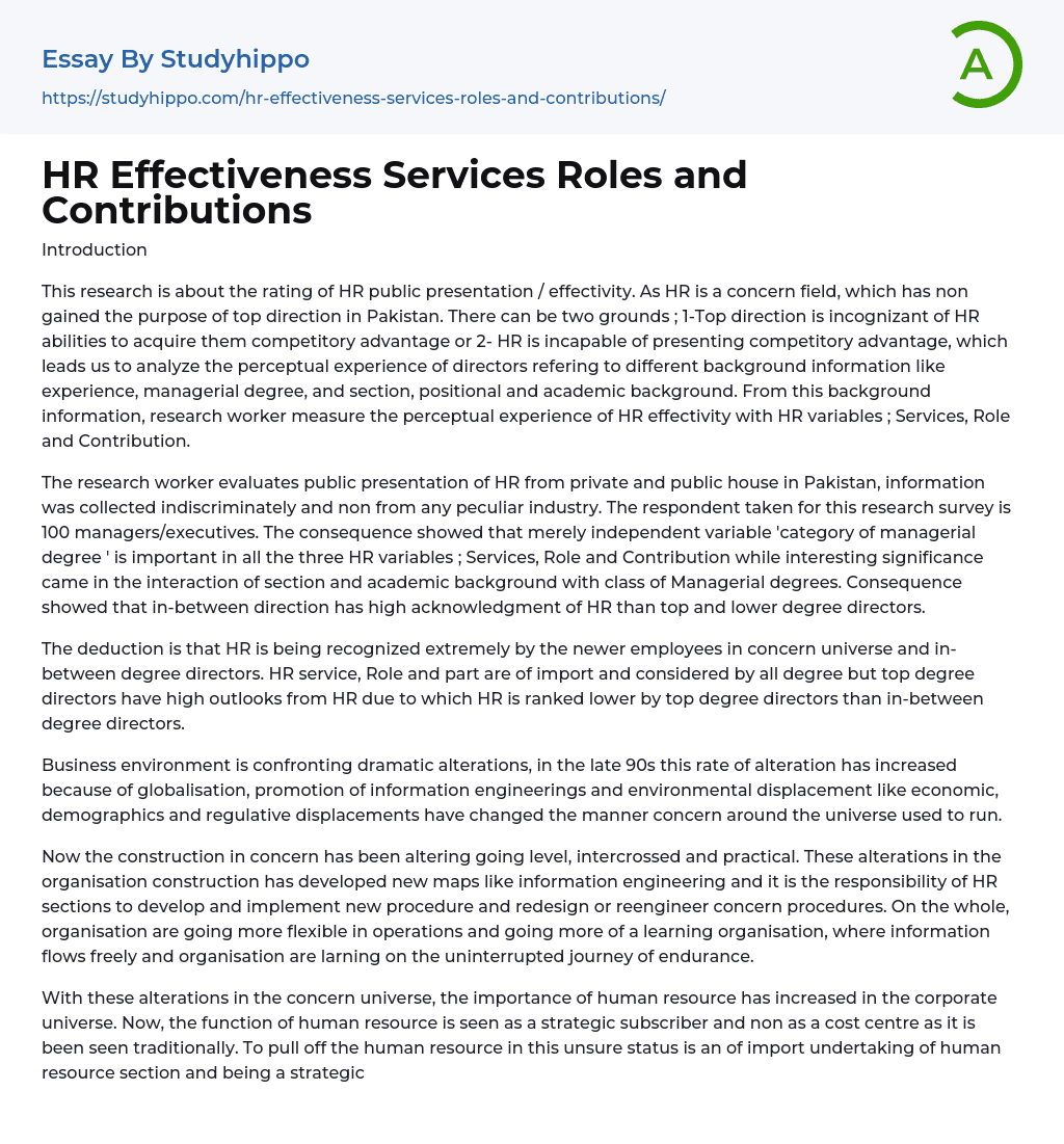HR Effectiveness Services Roles and Contributions Essay Example
