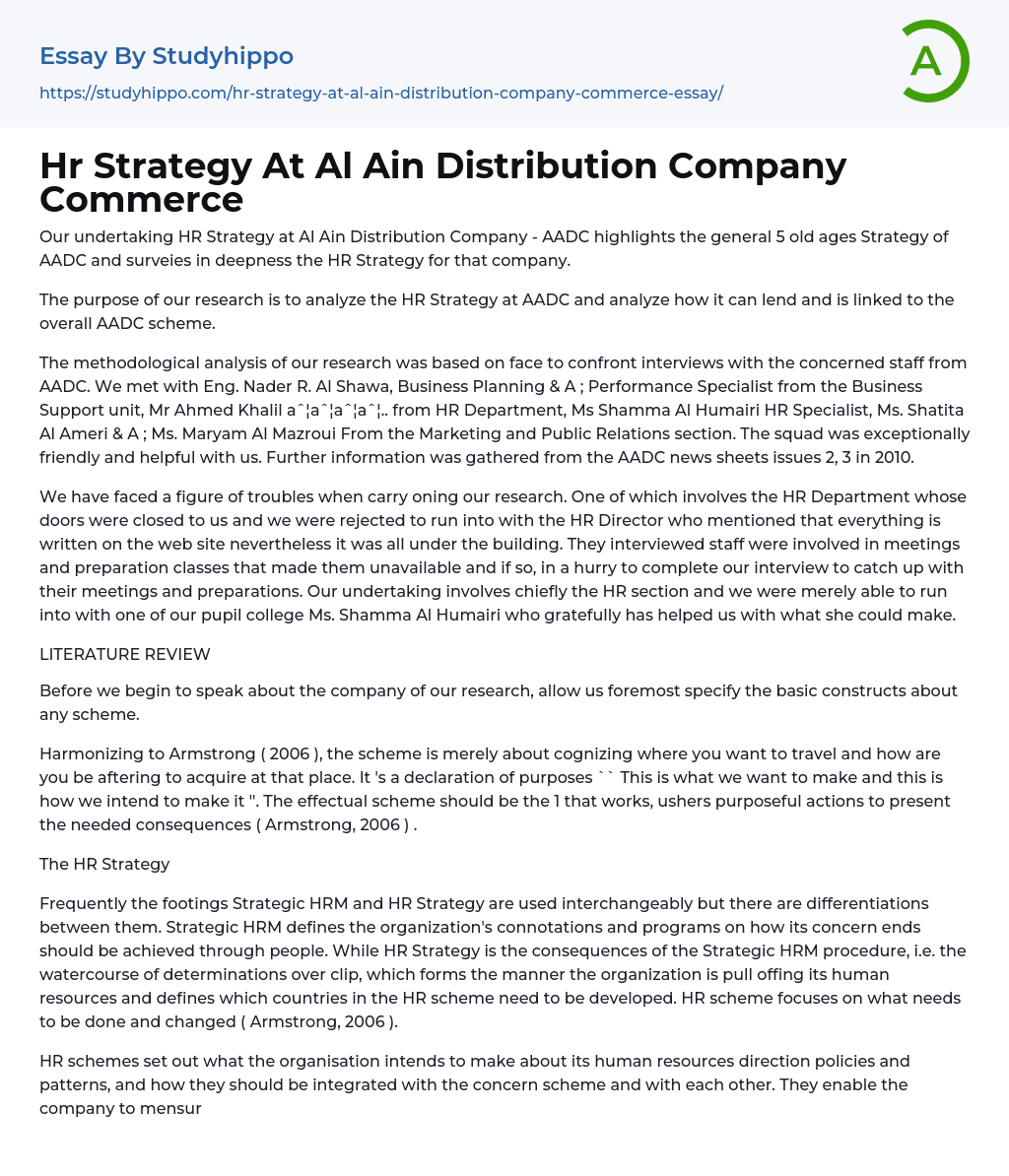 Hr Strategy At Al Ain Distribution Company Commerce Essay Example