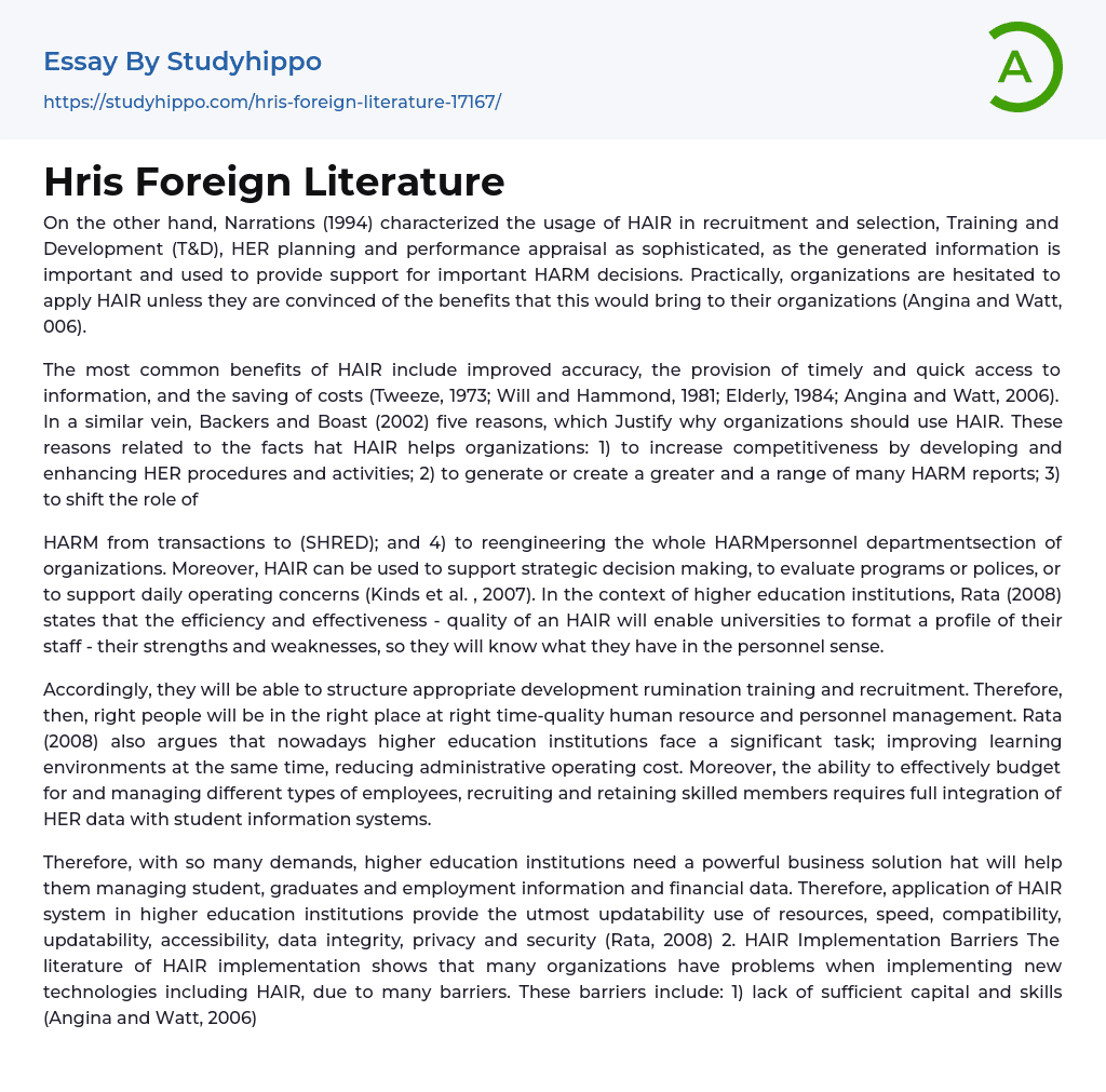 Hris Foreign Literature Essay Example