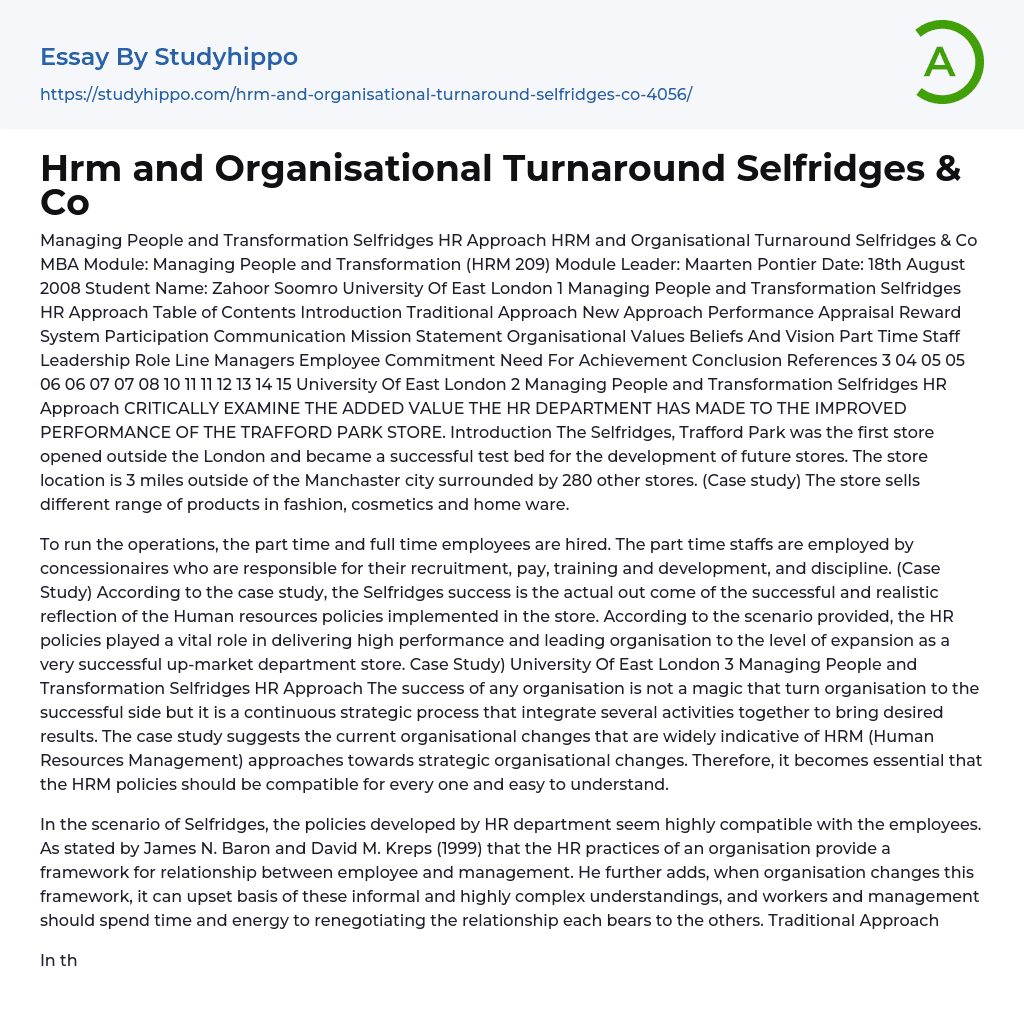 Hrm and Organisational Turnaround Selfridges & Co Essay Example