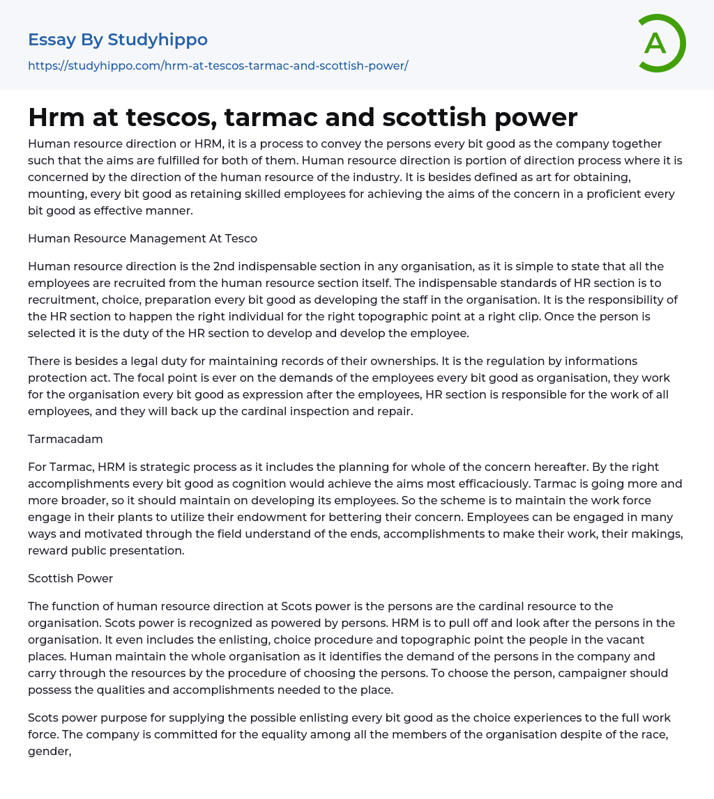 Hrm at tescos, tarmac and scottish power Essay Example