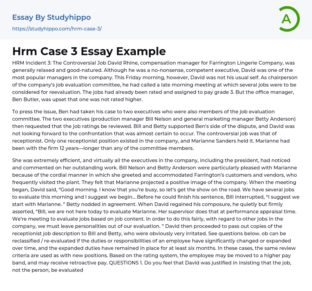 Hrm Case 3 Essay Example