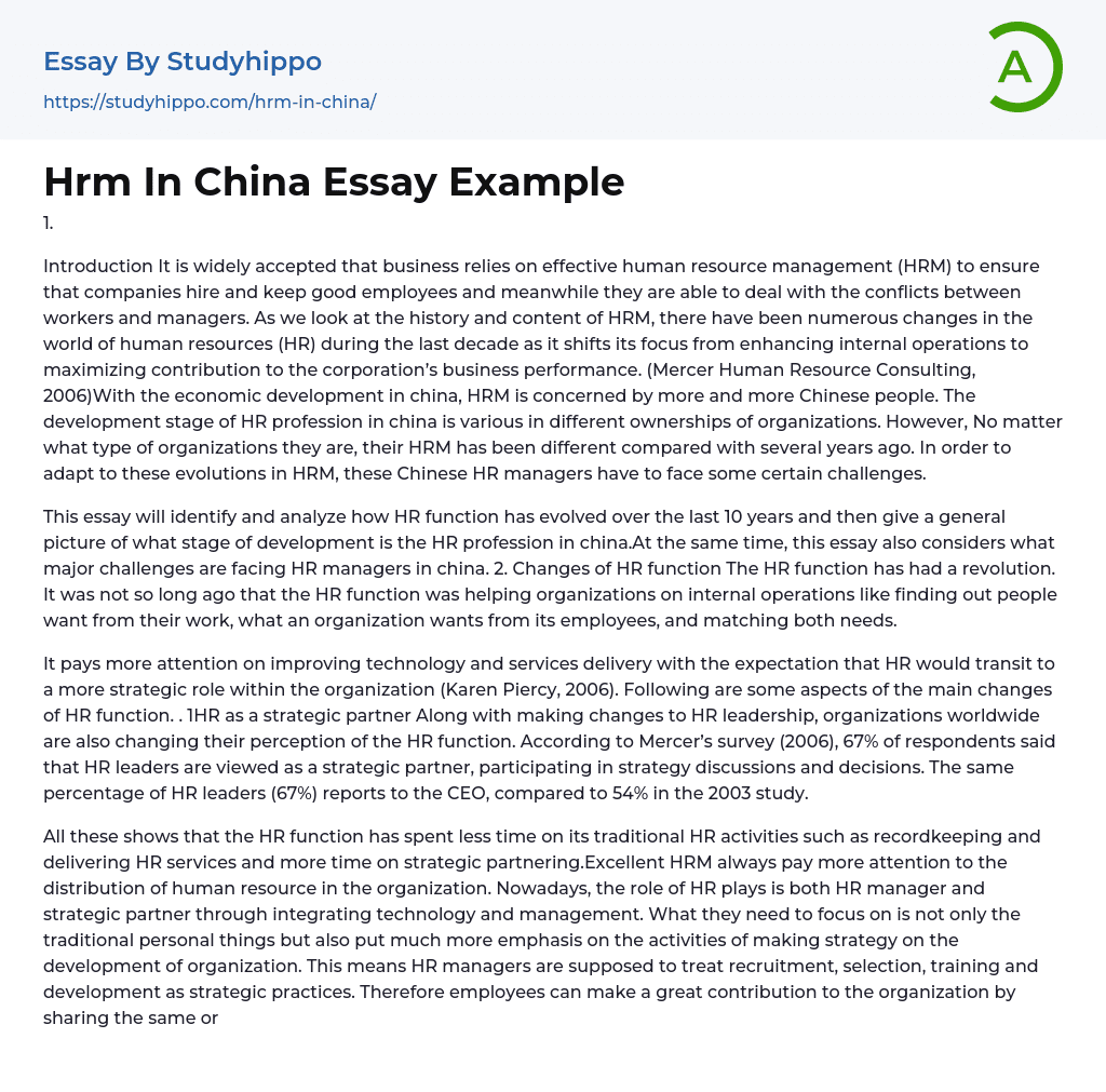 Hrm In China Essay Example