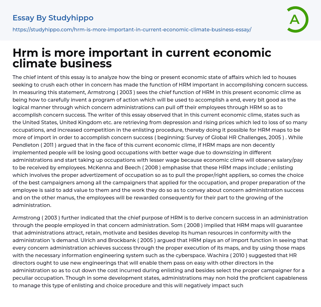 Hrm is more important in current economic climate business Essay Example