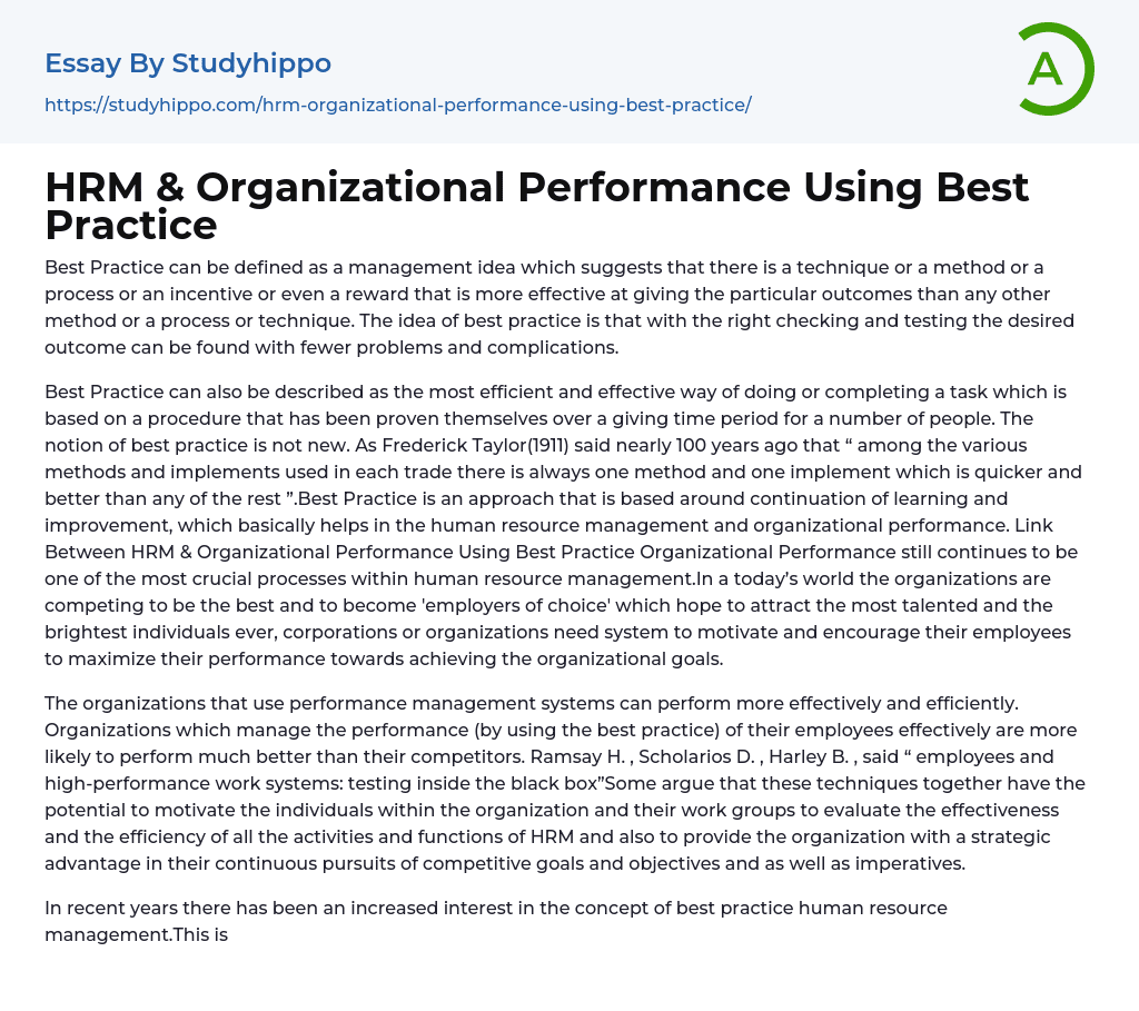 HRM & Organizational Performance Using Best Practice Essay Example