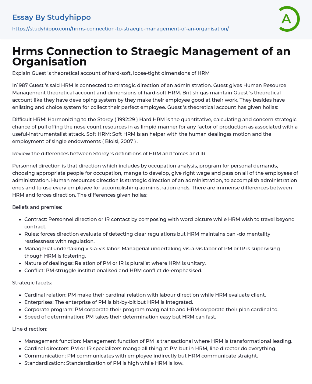 Hrms Connection to Straegic Management of an Organisation Essay Example