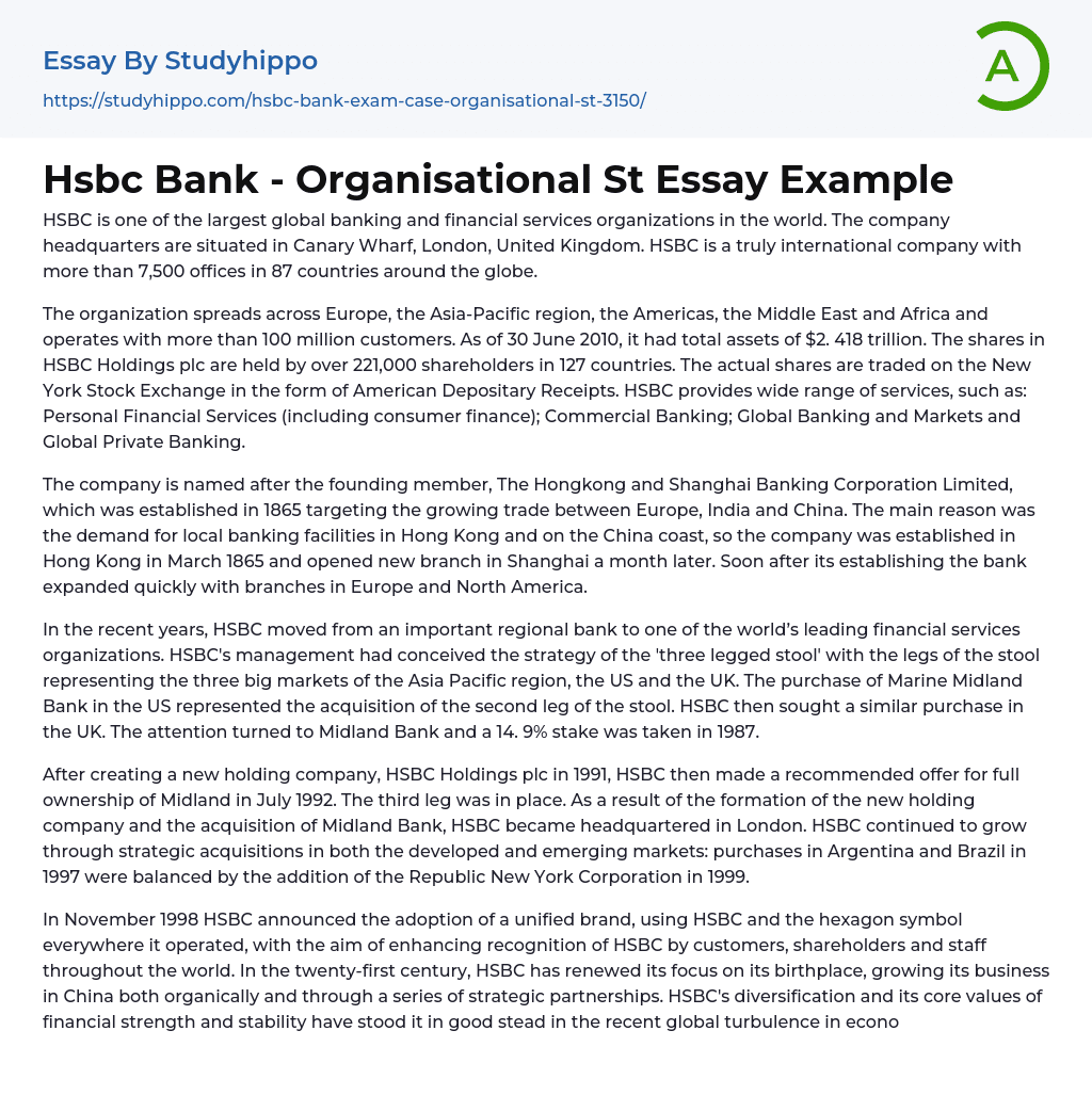 Hsbc Bank – Organisational St Essay Example