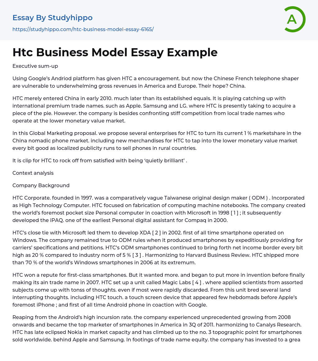Htc Business Model Essay Example
