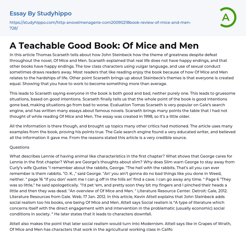 A Teachable Good Book: Of Mice and Men Essay Example