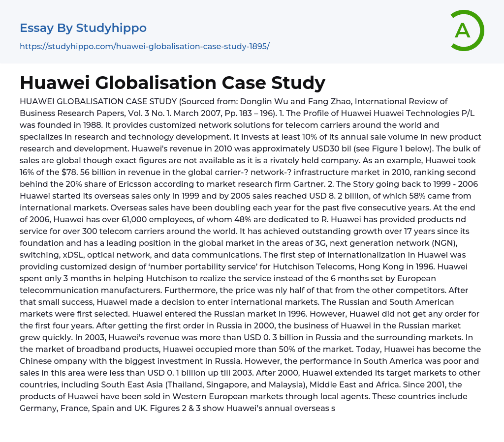 Huawei Globalisation Case Study Essay Example