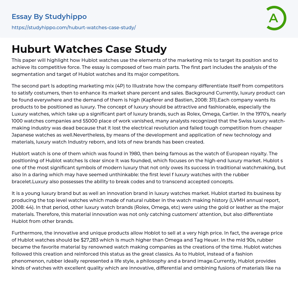 Huburt Watches Case Study Essay Example