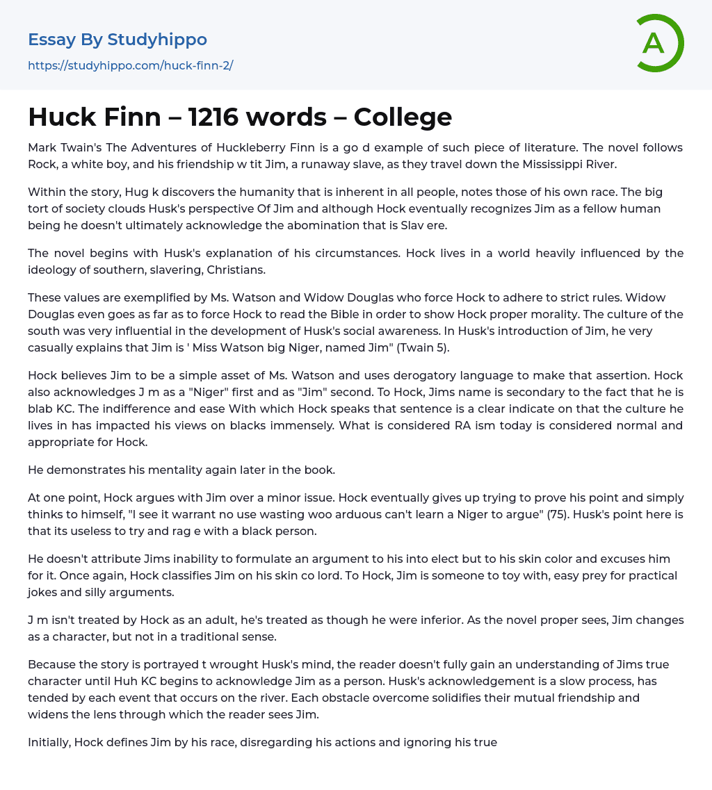 Huck Finn – 1216 words – College Essay Example