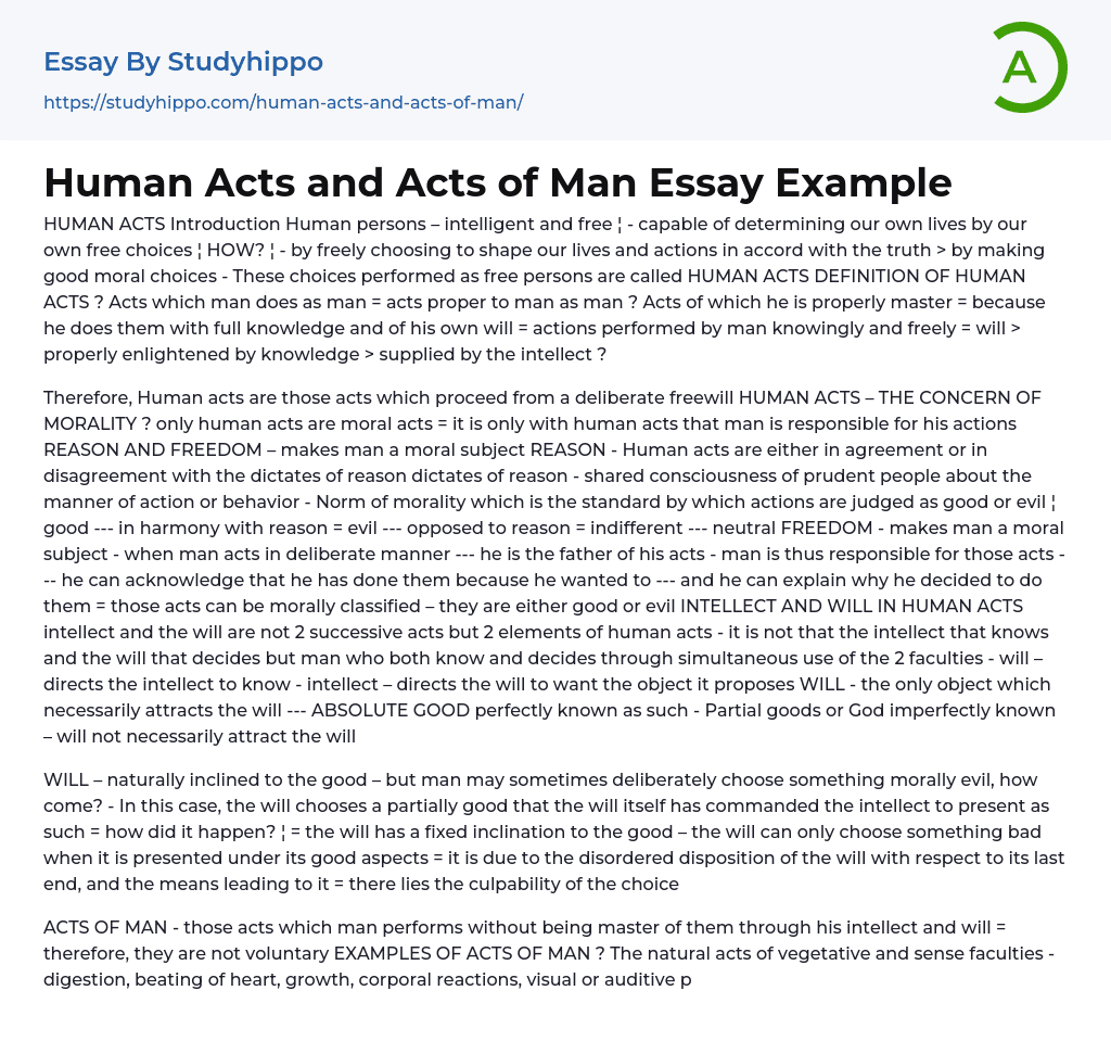Human Acts and Acts of Man Essay Example