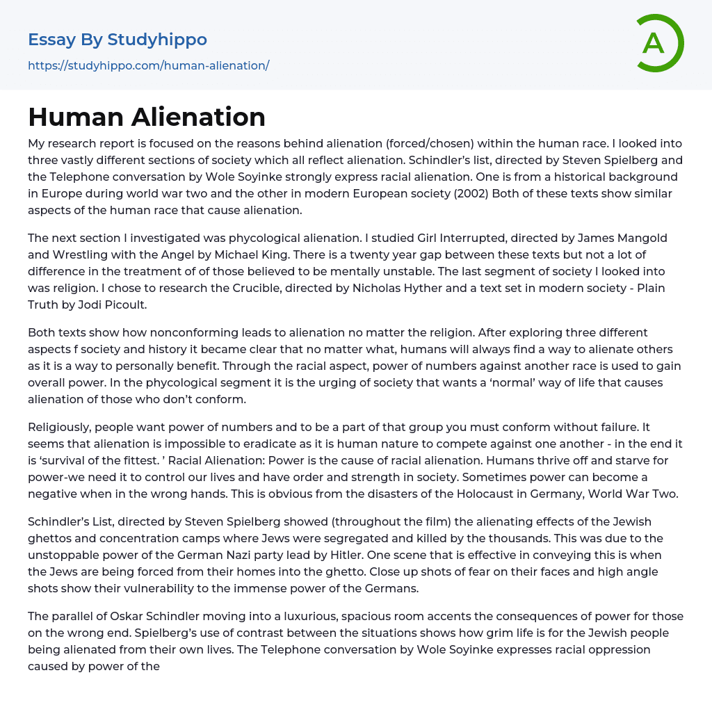 Human Alienation Essay Example