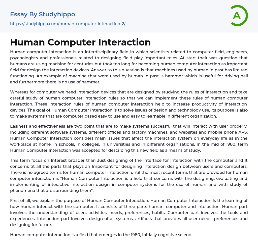 Human Computer Interaction Essay Example