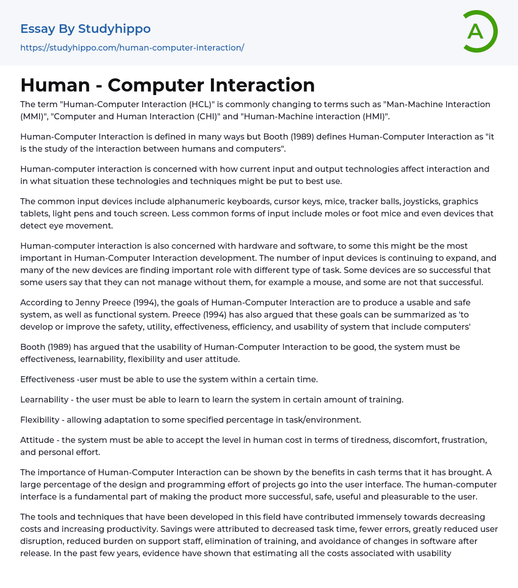 Human – Computer Interaction Essay Example