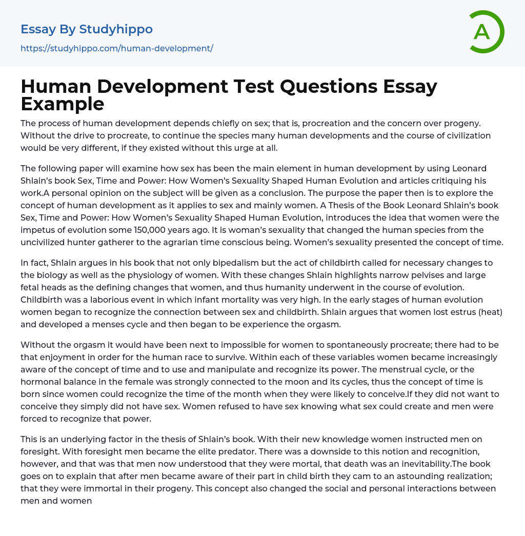 Human Development Test Questions Essay Example