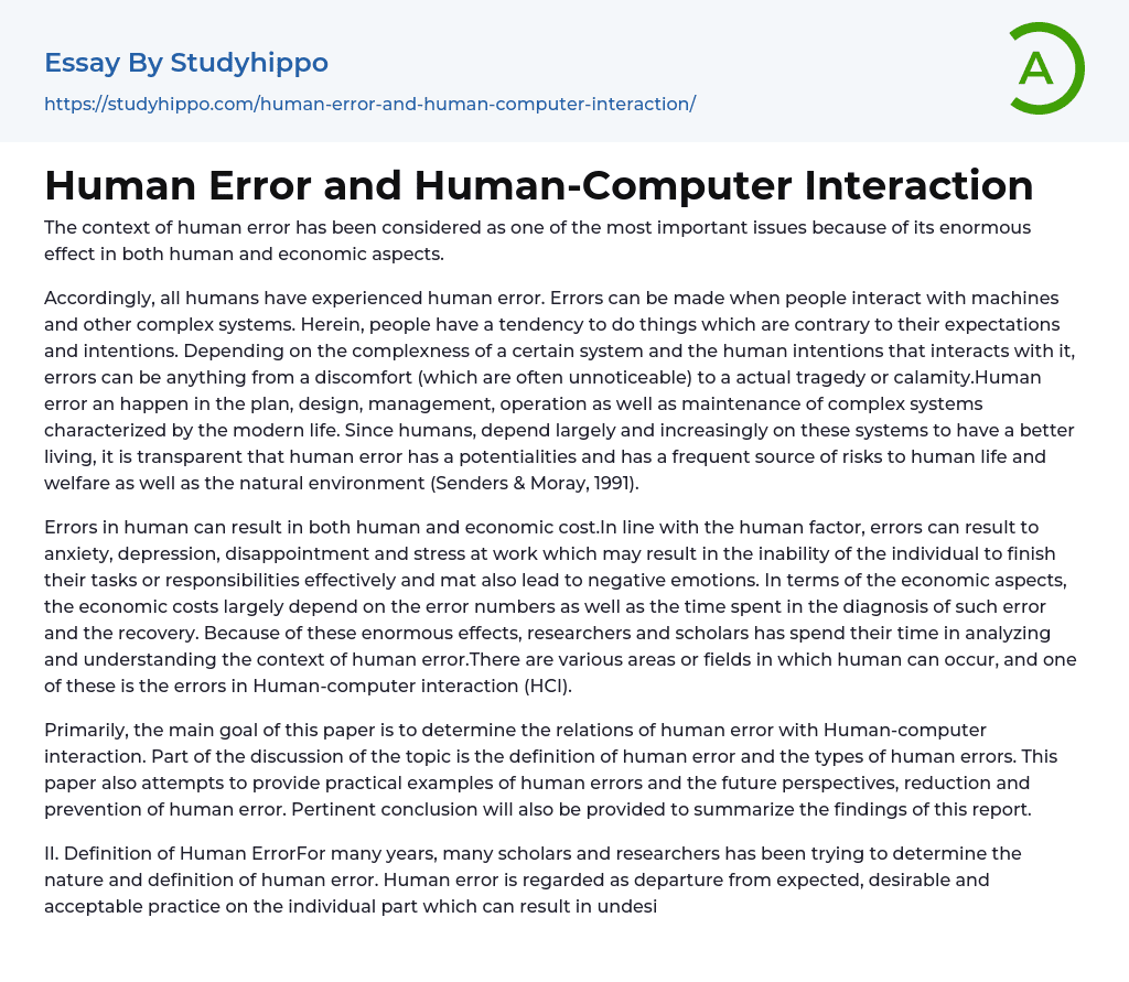 Human Error and Human-Computer Interaction Essay Example