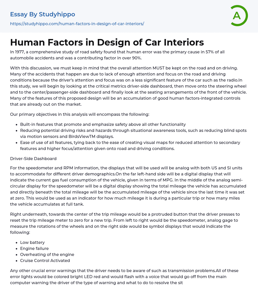 Human Factors in Design of Car Interiors Essay Example