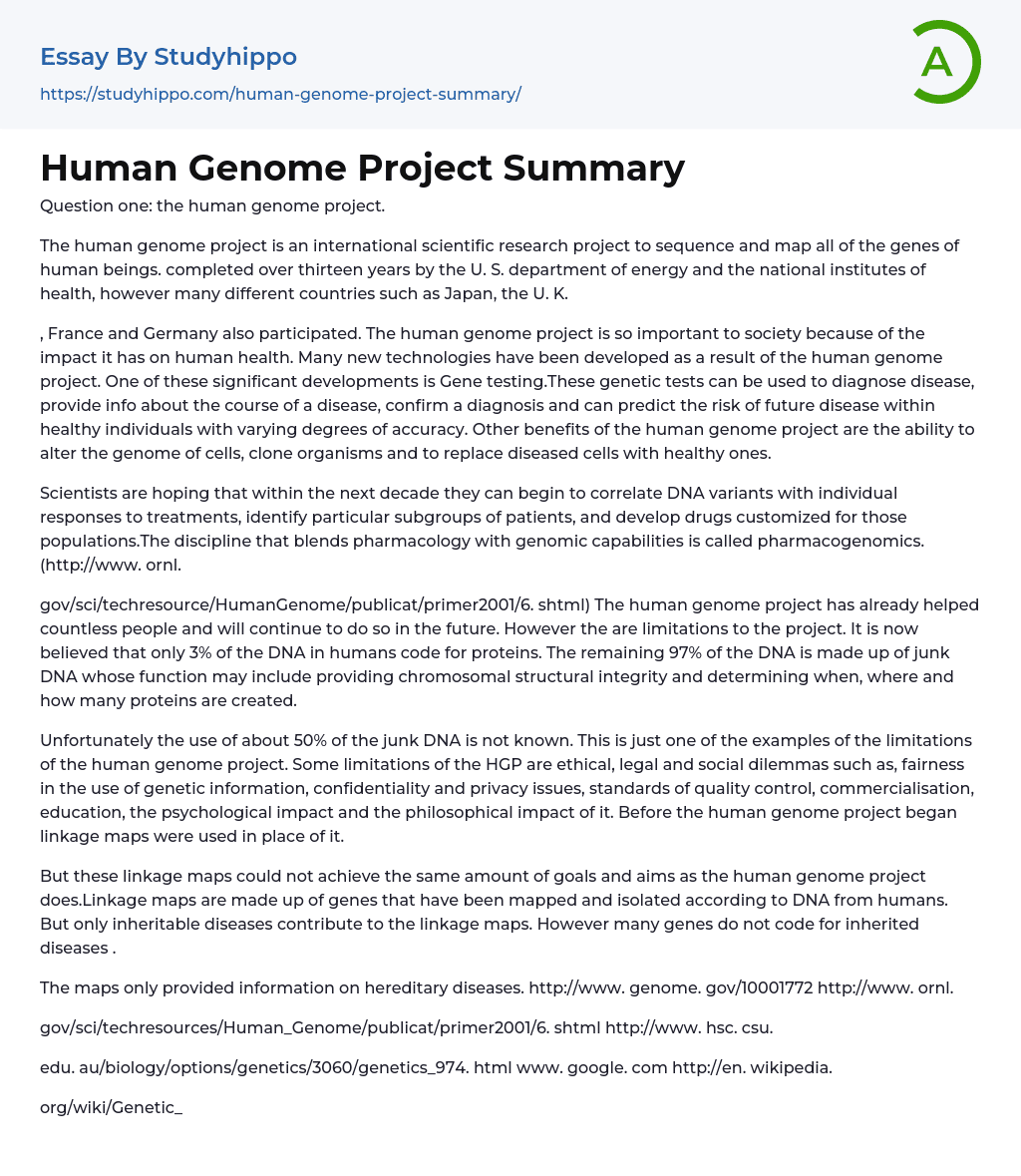 Human Genome Project Summary Essay Example