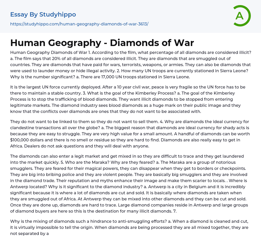 Human Geography – Diamonds of War Essay Example