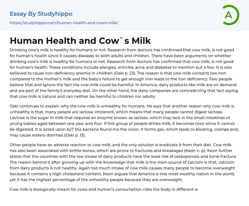 Human Health and Cow`s Milk Essay Example