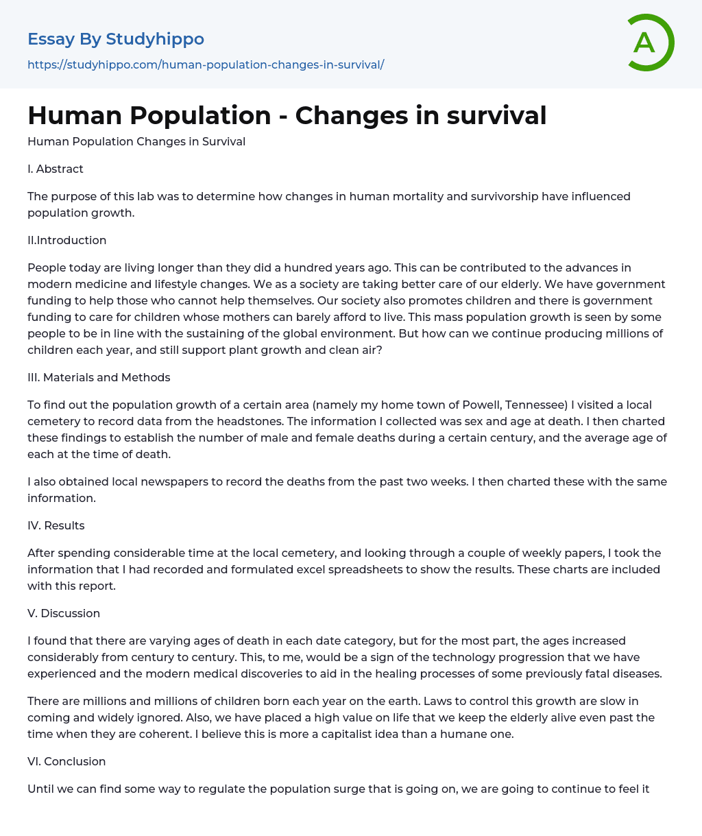 Human Population – Changes in survival Essay Example