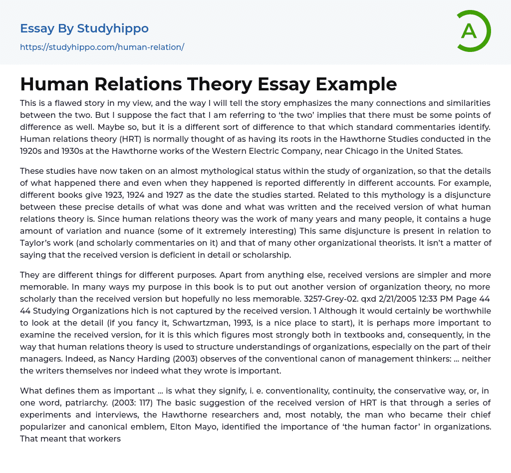 Human Relations Theory Essay Example
