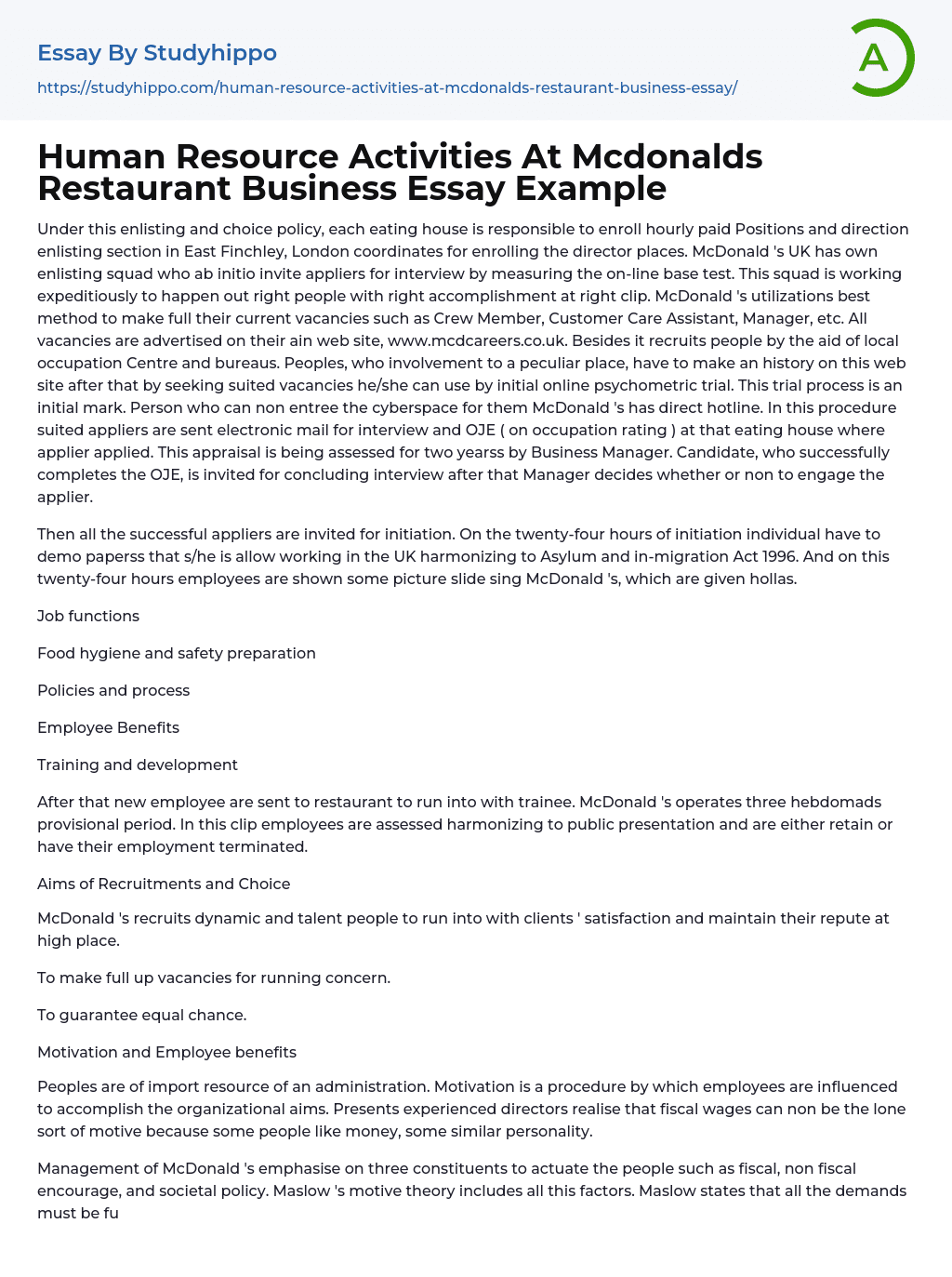 Human Resource Activities At Mcdonalds Restaurant Business Essay Example