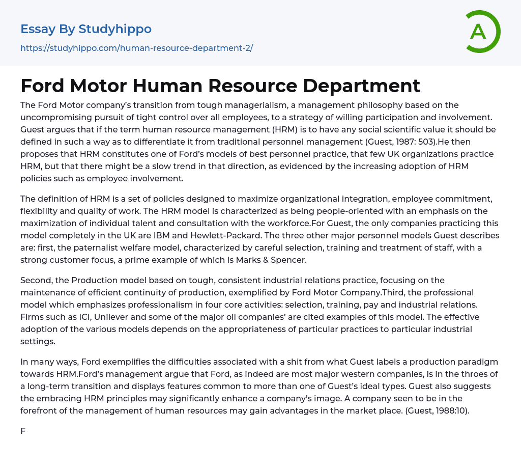 Ford Motor Human Resource Department Essay Example