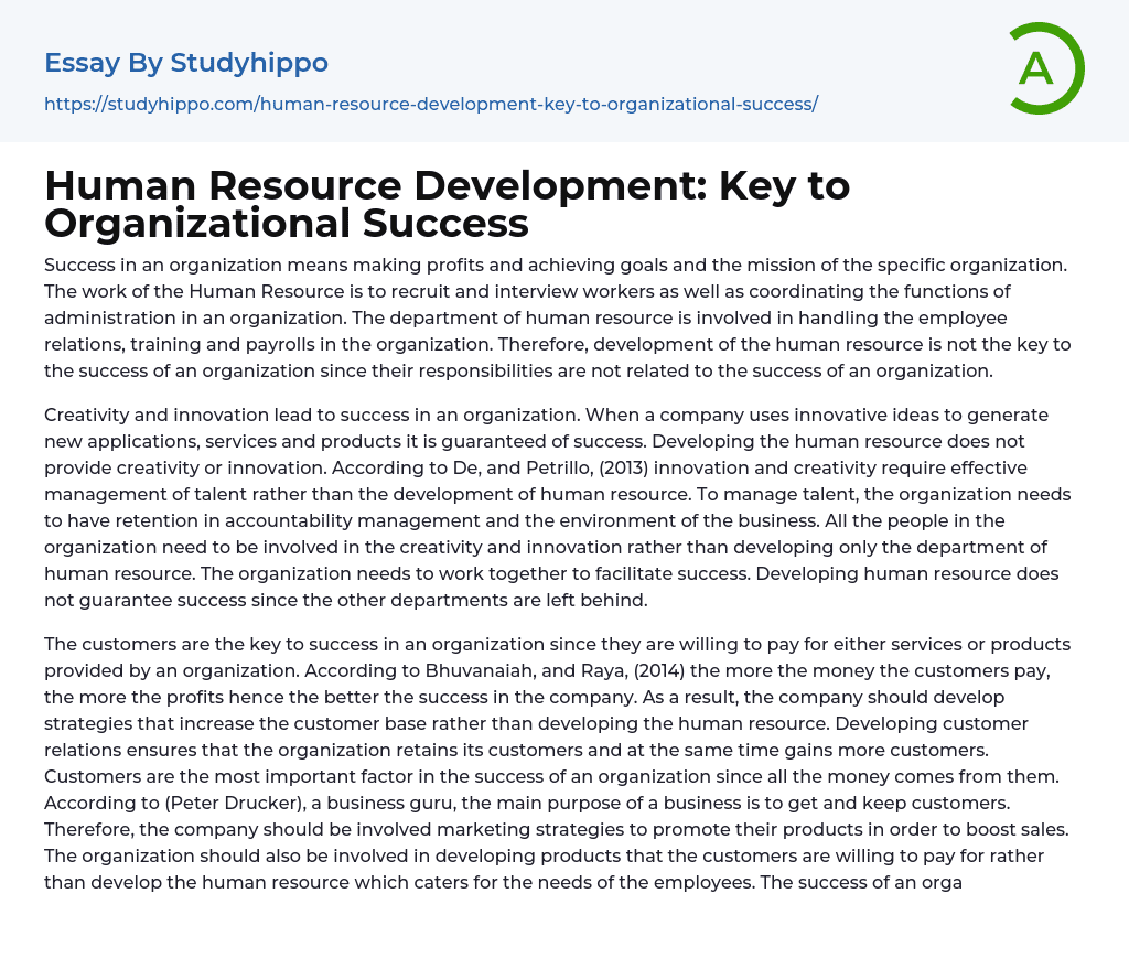 Human Resource Development: Key to Organizational Success Essay Example