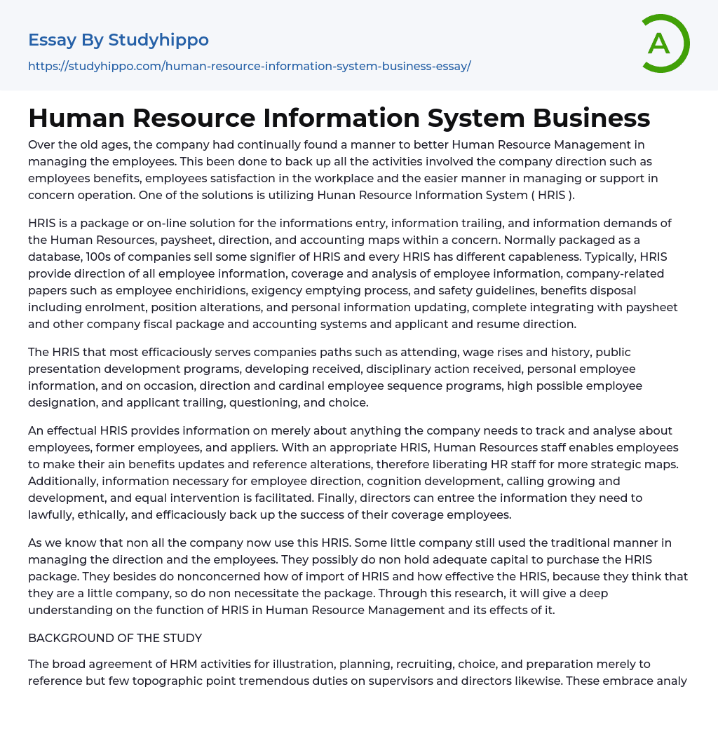 Human Resource Information System Business Essay Example