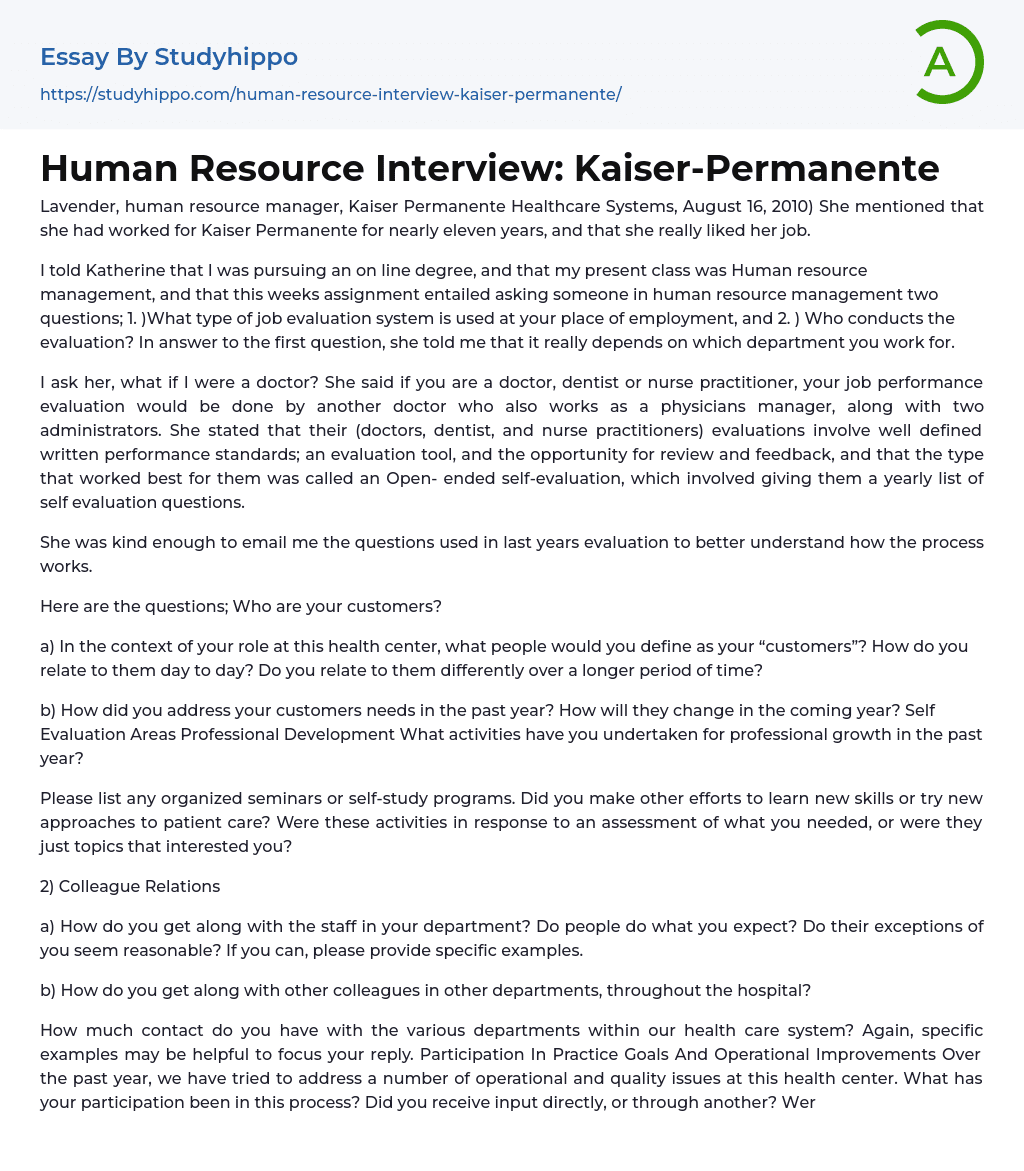 Human Resource Interview: Kaiser-Permanente Essay Example