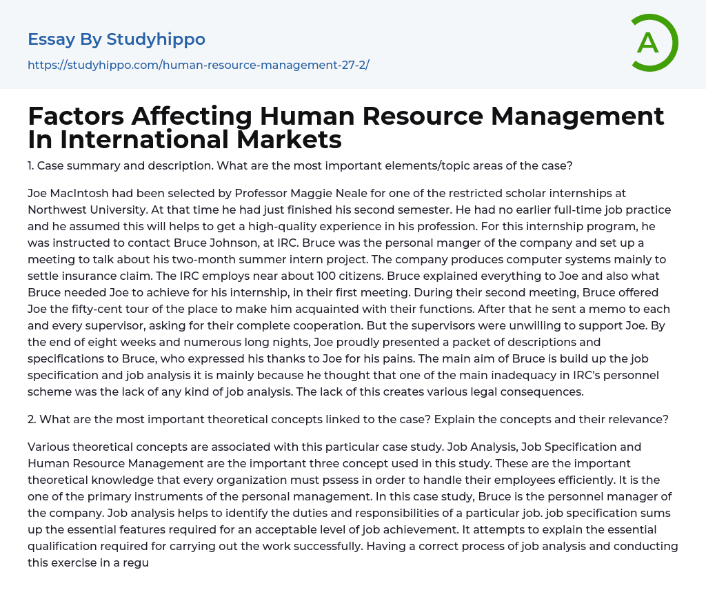 Factors Affecting Human Resource Management In International Markets Essay Example