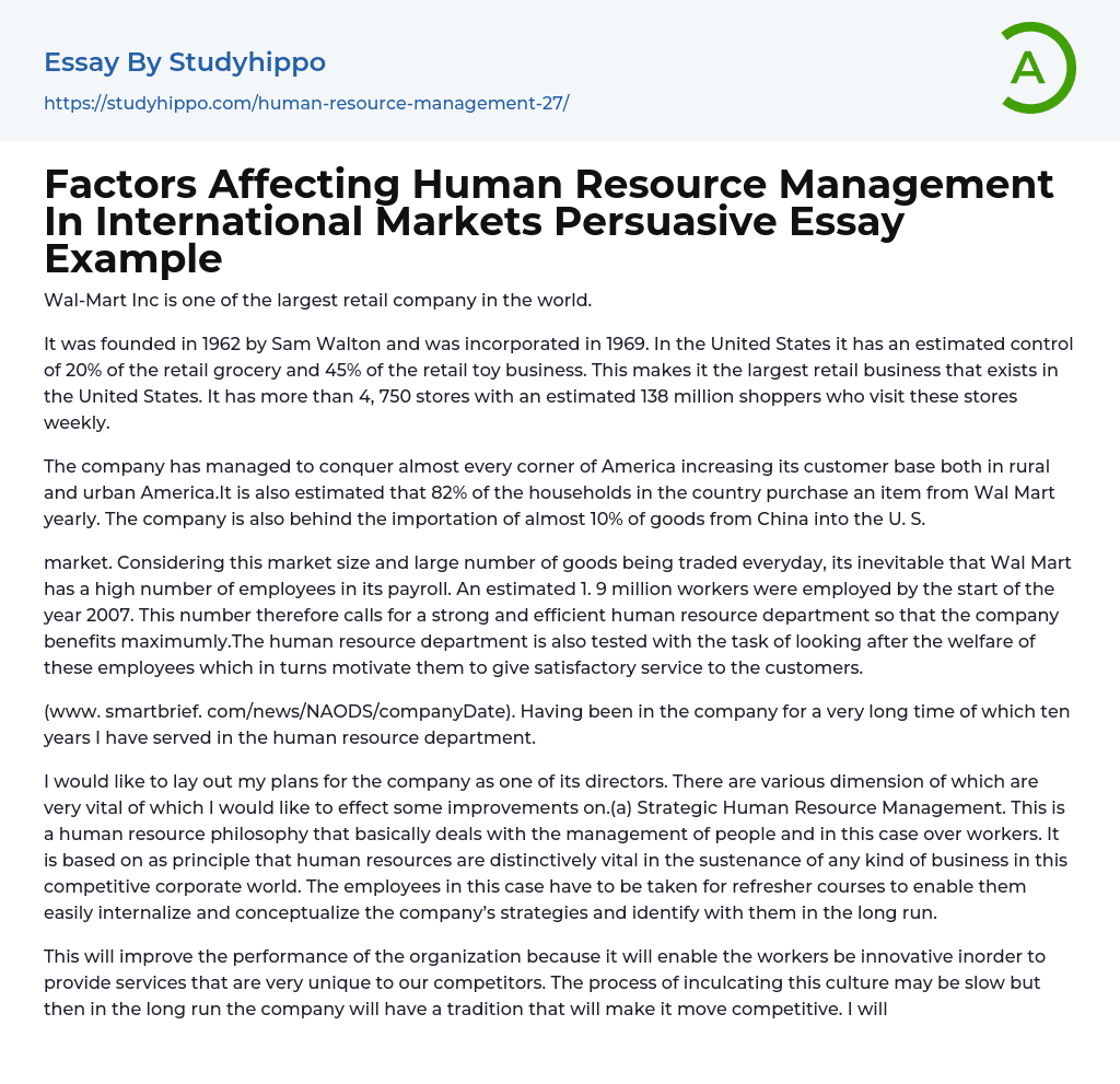 Factors Affecting Human Resource Management In International Markets Persuasive Essay Example