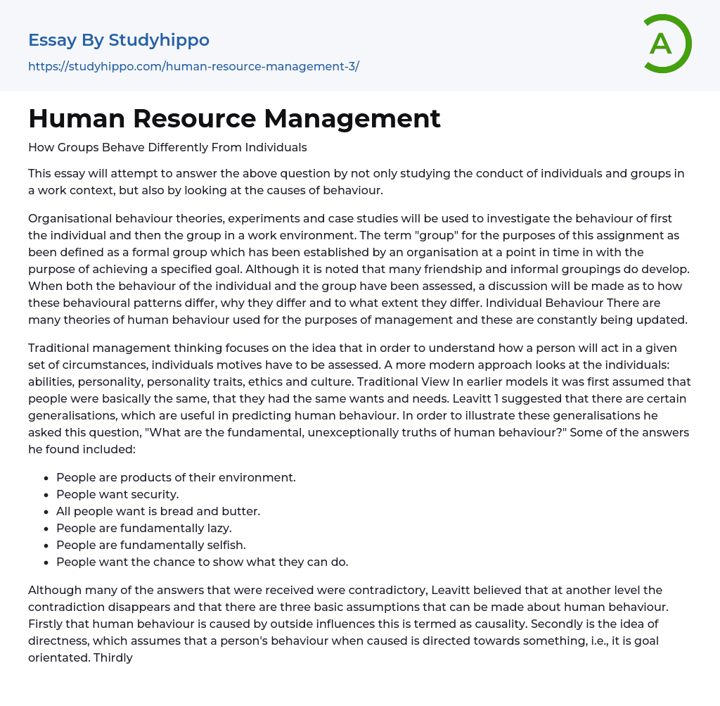 Human Resource Management Essay Example
