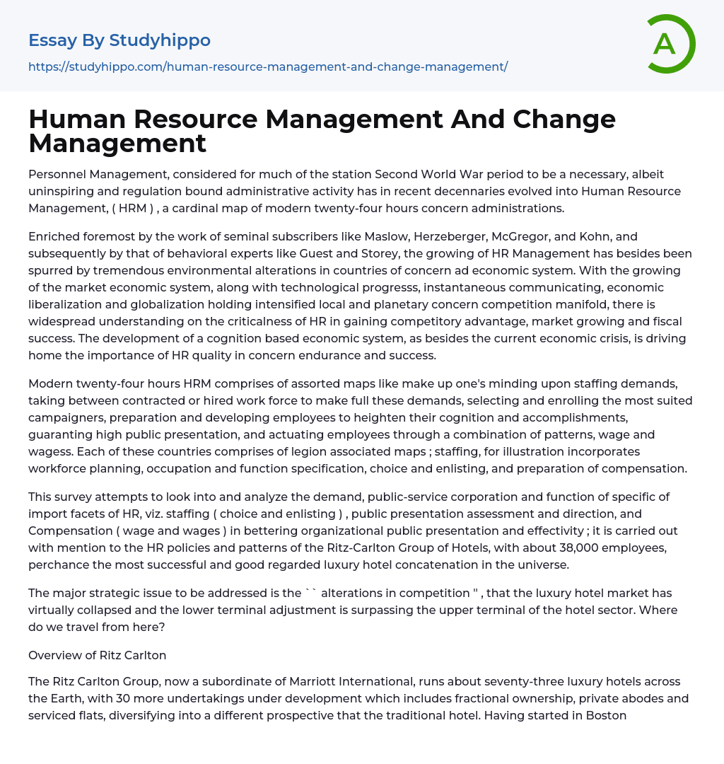 Human Resource Management And Change Management Essay Example